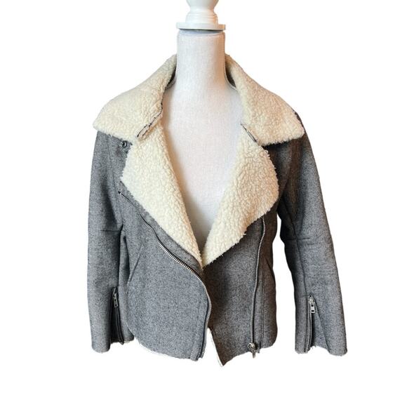 J.O.A shearling lined raw edge moto biker jacket neutral casual Sherpa chic fall - Picture 4 of 13